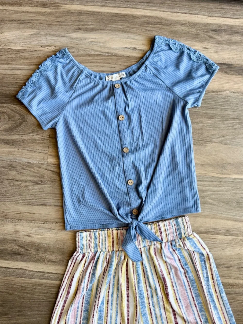 Coastal Casual Knitworks Blue Ribbed Tie Front Top & Stripe Wide Leg Pants Set‎